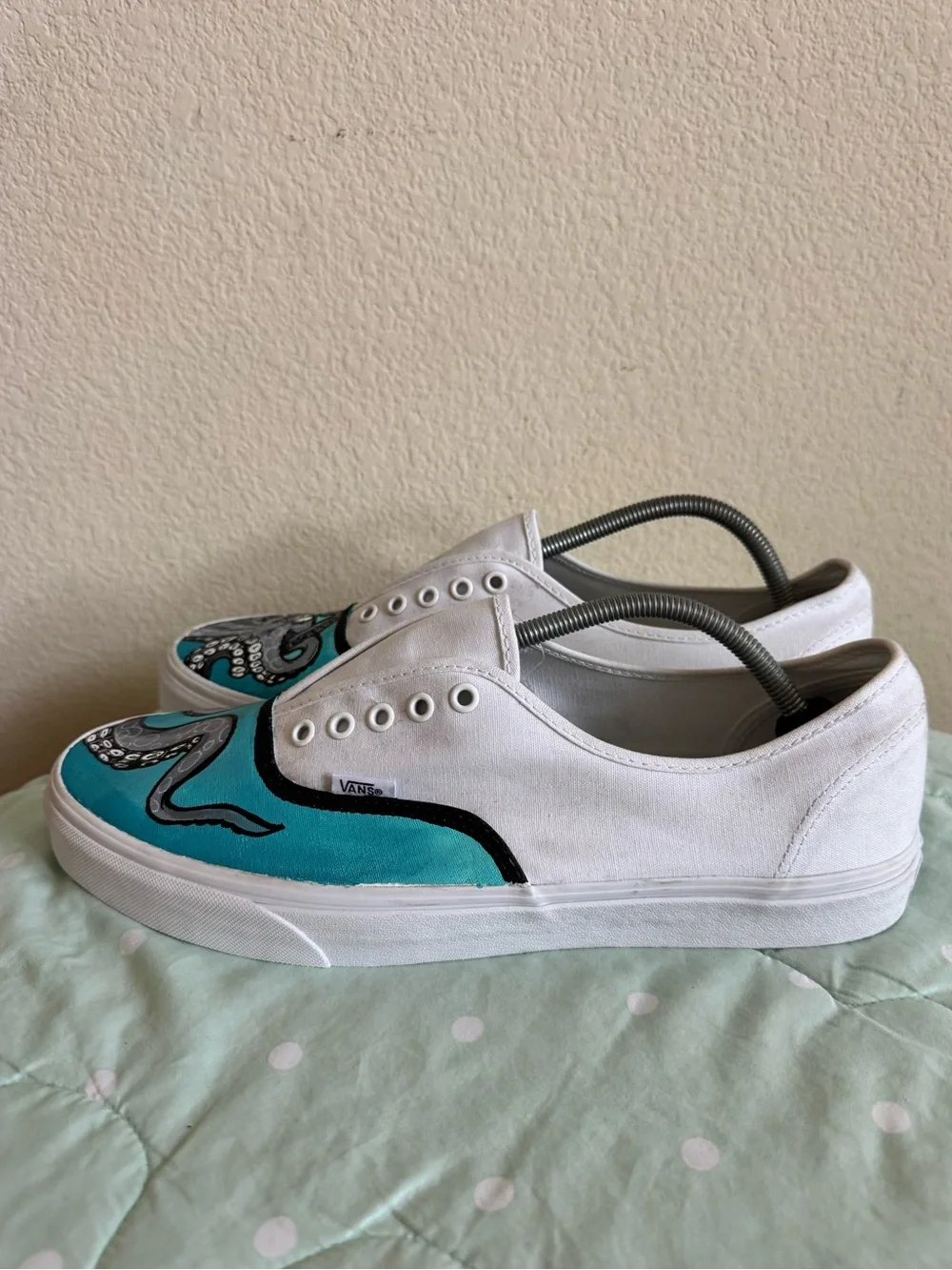 NEW Custom Painted Vans White Slip-On Sneakers with Teal Octopus Design size 13